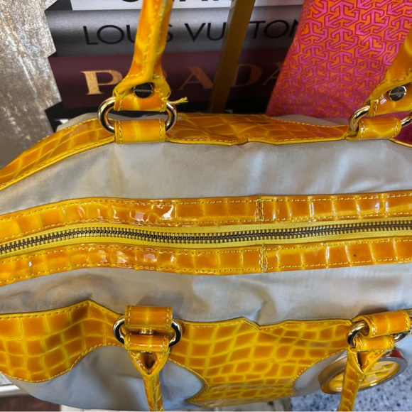 Tory Burch Tan Nylon & Yellow Croc Embossed Patent Leather Tote Bag - Picture 6 of 14